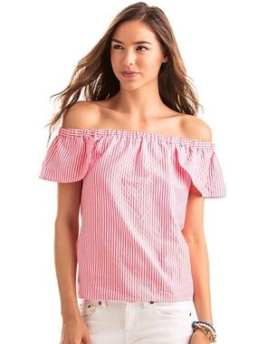 Vineyard Vines Pink and White Oxford Striped Off-Shoulder Top